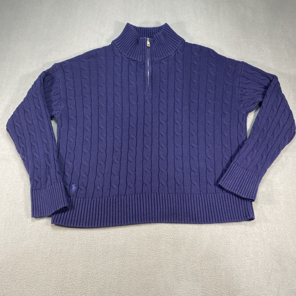 Polo Ralph Lauren 1/4 Zip Cable Knit Sweater Navy Blue Women's Large Preppy